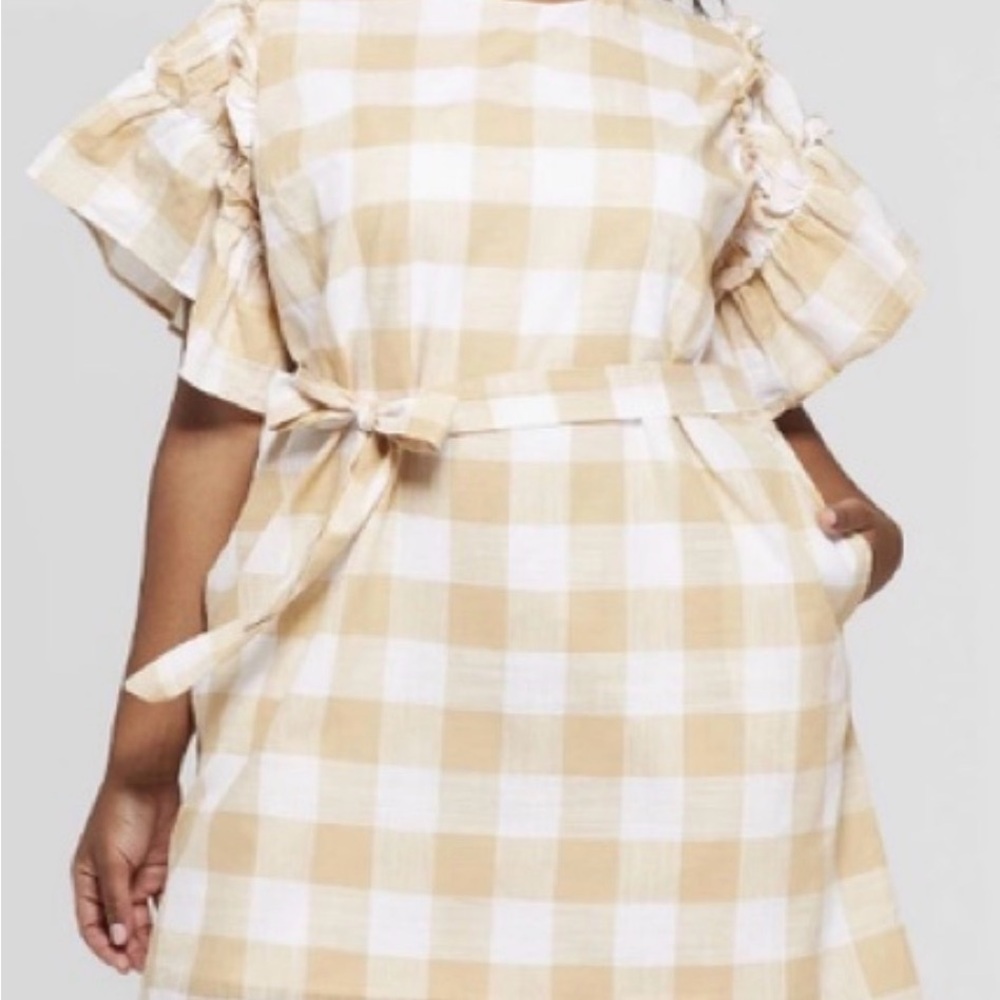 Who What Wear Tan & White Plaid Tie Waist Mini Dress XS Resortcore Cottagecore - Picture 2 of 6
